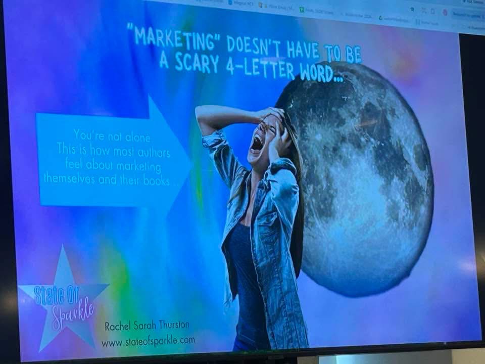 Presentation slide — 'Marketing' doesn't have to be a scary 4-letter word